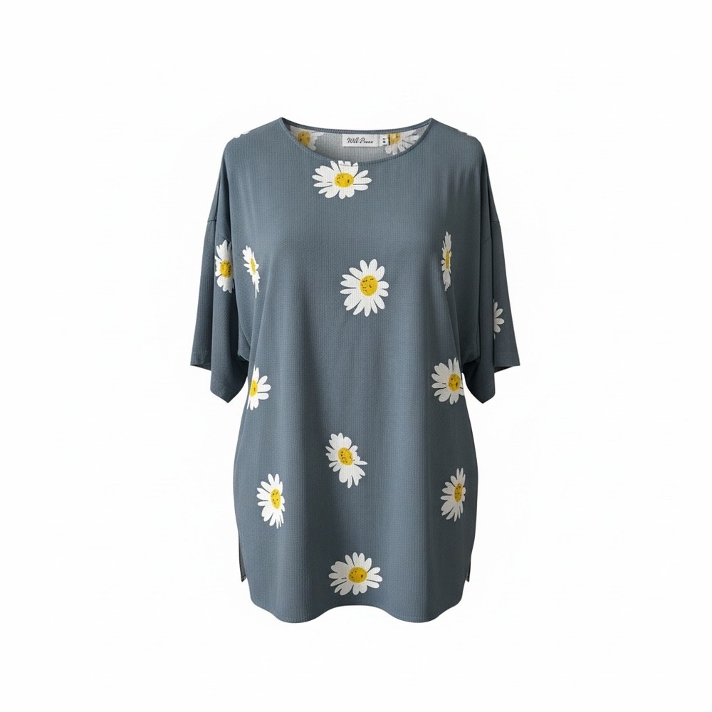 MissLook XL Daisy Floral Tunic Top Blue Gray Cotton Blend Cottagecore Boho EUC